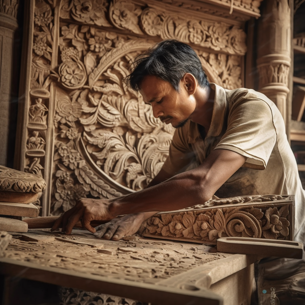 indian artisan woodworking carving wood to make furniture