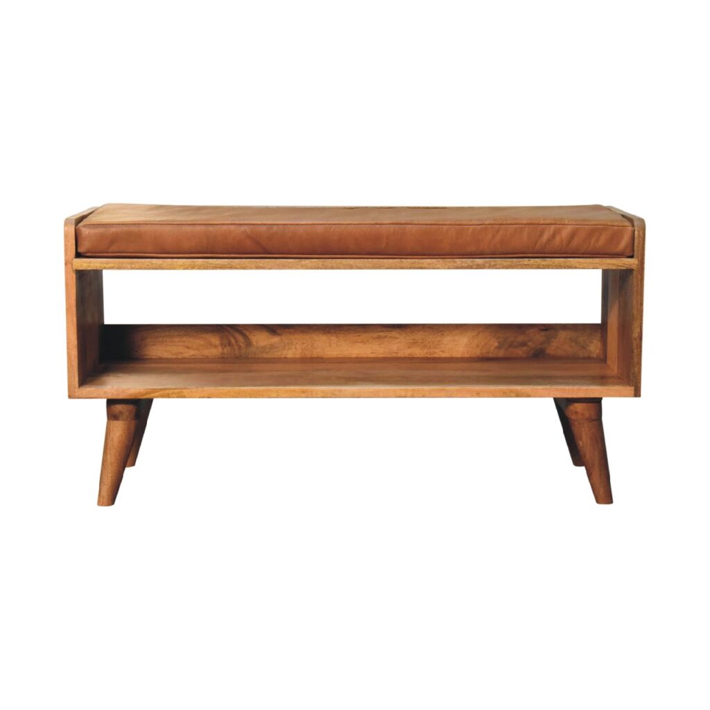 Oak-ish Bench with Tan Leather Seatpad - Image 2