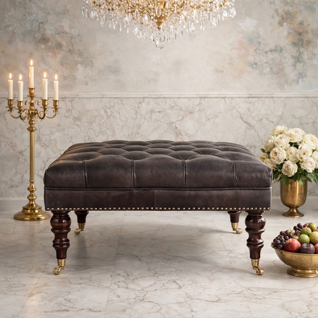 Tufted leather bench in elegant marble interior