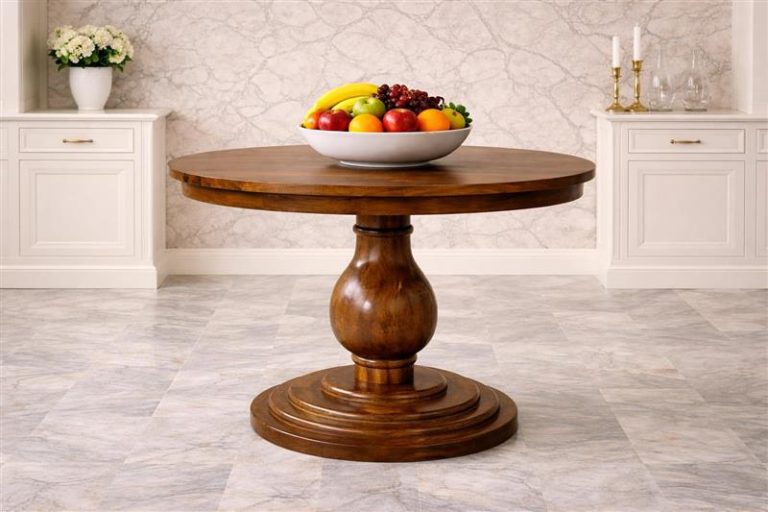 Round wooden pedestal table with fruit bowl