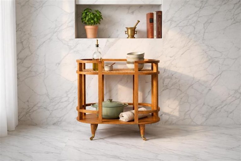 Wooden drinks trolley against marble kitchen wall
