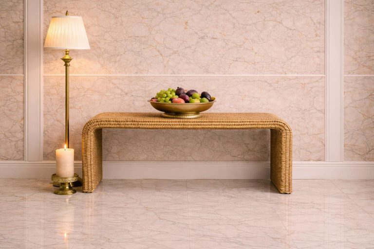 Wicker bench with fruit bowl, lamp and candle