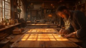 Craftsman sanding wooden table in sunlit workshop