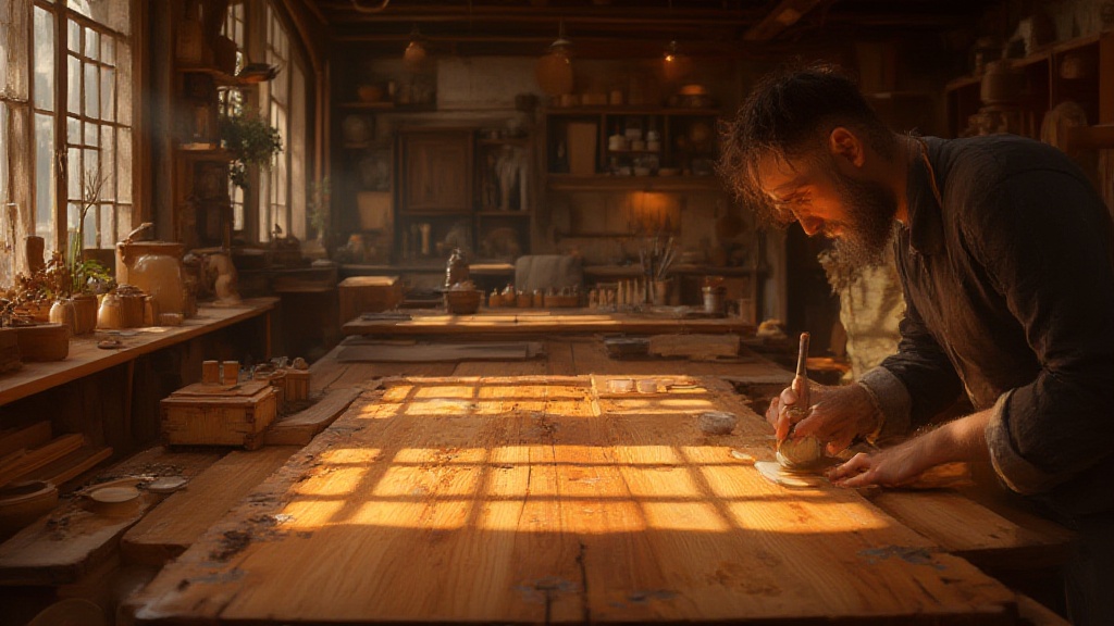 Un artisan ponce une table en bois dans un atelier ensoleillé