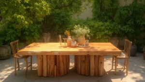 Rustic wooden garden table set beneath leafy trees