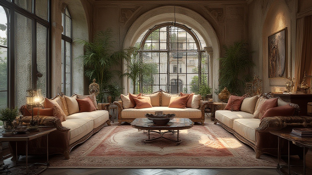 Elegant salon with arched window, sofas and plants
