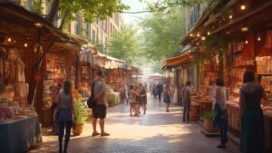 Shoppers browse stalls along a leafy sunlit market street