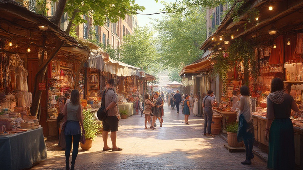 Shoppers browse stalls along a leafy sunlit market street
