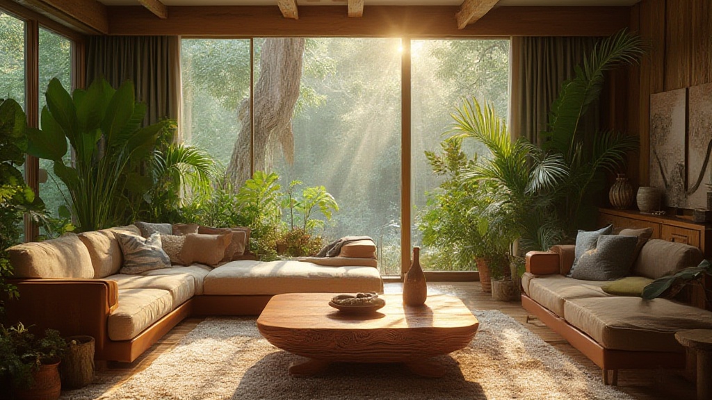 Sunlit living room with plants and wooden furniture