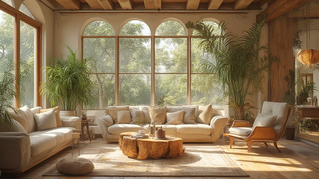 Sunlit living room with plants, sofas and arched windows