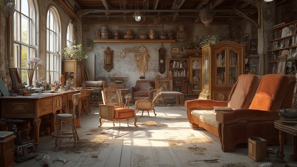 Bureau baigné de lumière, rempli d'antiquités, avec fauteuils et fenêtres cintrées
