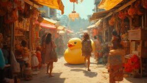 Giant yellow rubber duck in a busy market alley