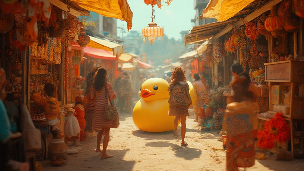 Giant yellow rubber duck in a busy market alley