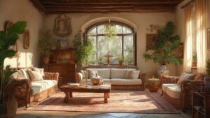 Sunlit rustic sitting room with plants and carved sofas