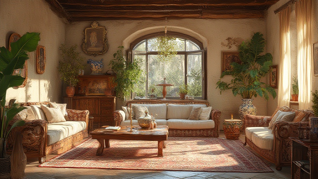 Sunlit traditional living room with carved wooden sofas
