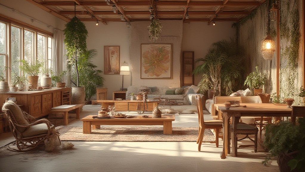 Sunlit bohemian living room filled with lush houseplants