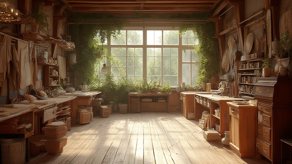 Sunlit rustic craft workshop with plants and wooden workbenches