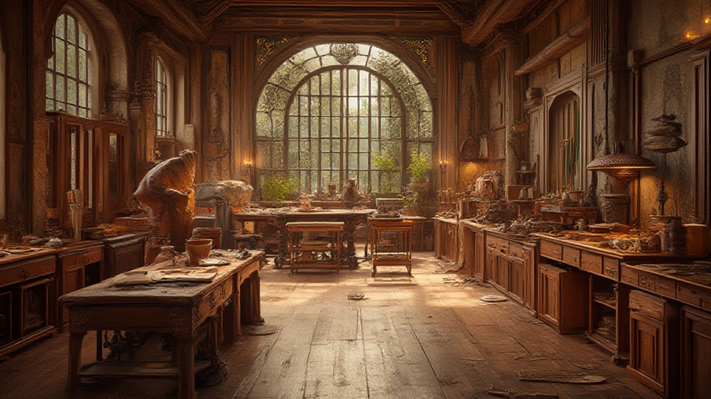 Sunlit vintage woodworking workshop with arched window