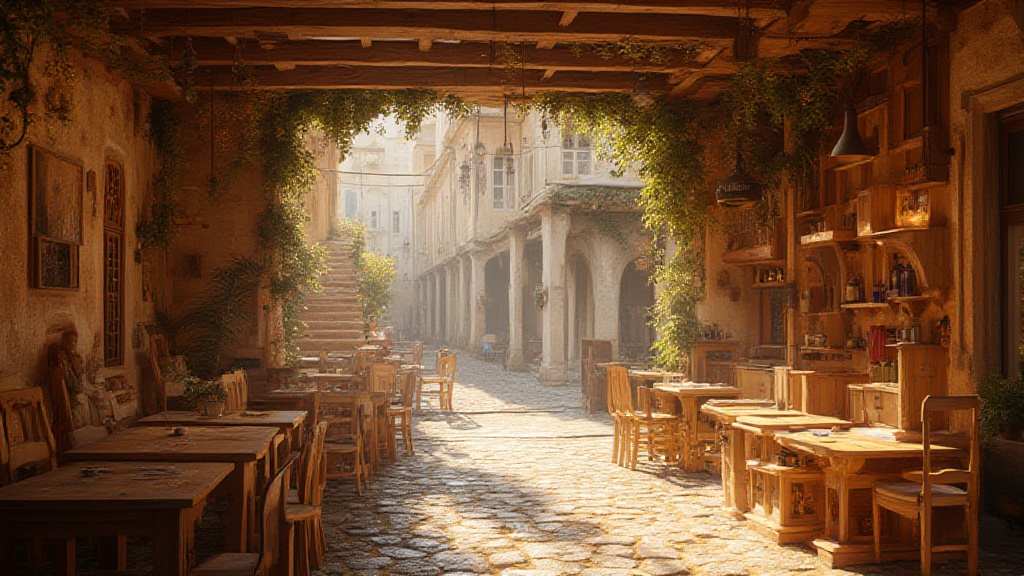 Sunlit rustic café opening onto a cobbled alley