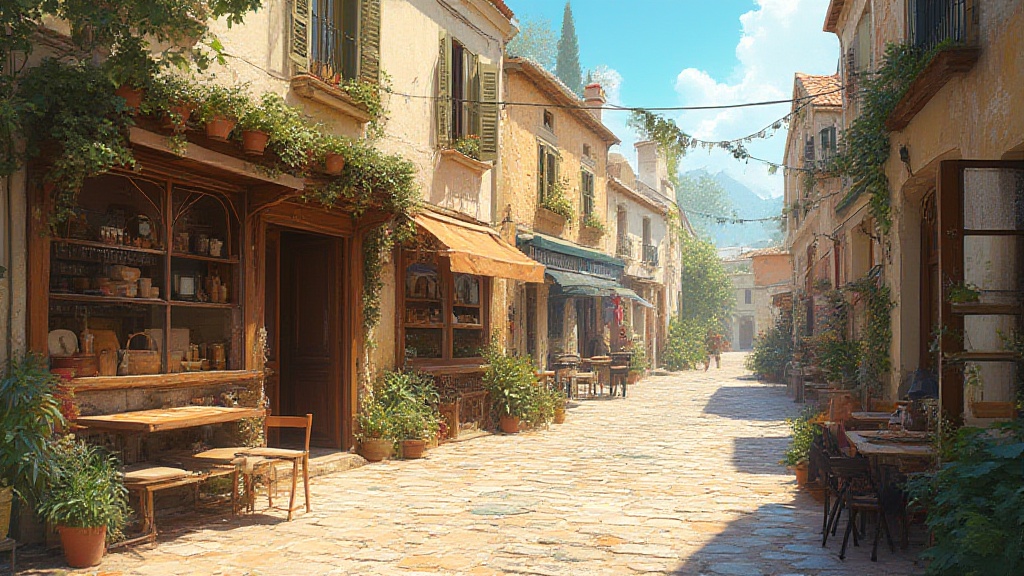 Sunlit cobbled lane with cafés and potted plants