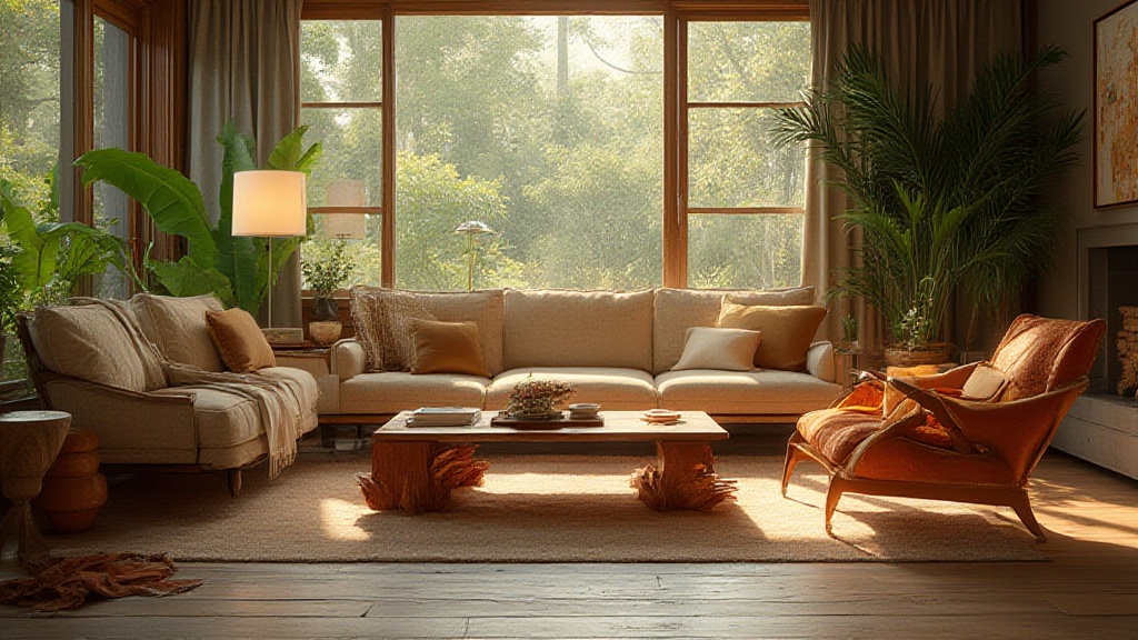 Sunlit living room with sofa, armchair and leafy plants