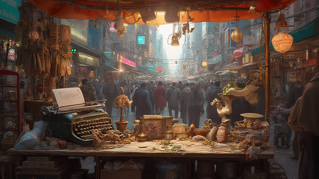 Antique stall overlooking a crowded city market street