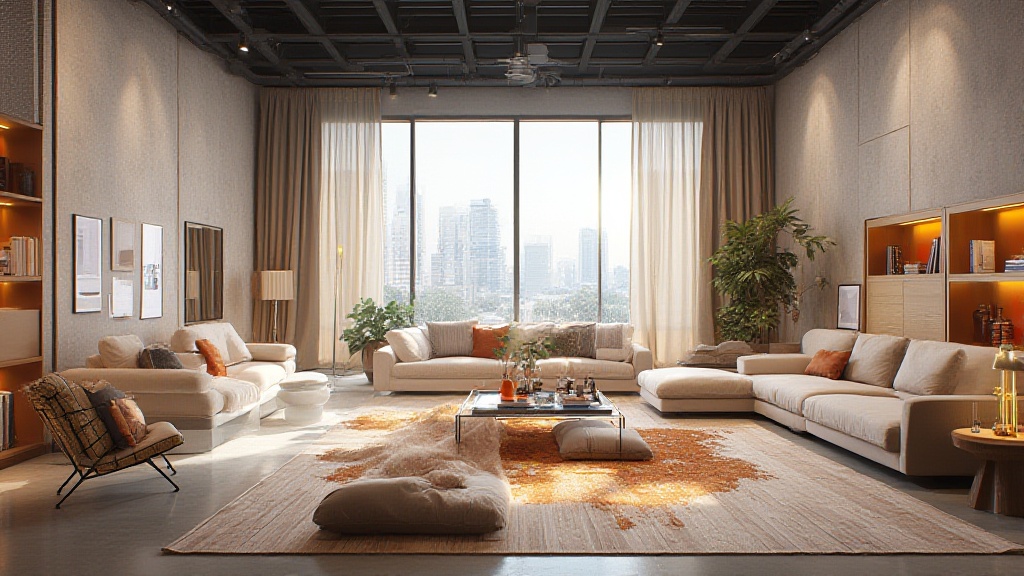Modern sunlit living room with city skyline view