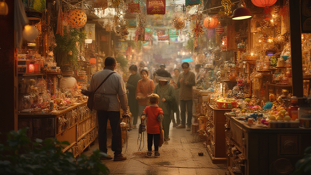 Child and shoppers in a lantern-lit market aisle