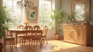 Sunlit dining room with wooden furniture and lush plants