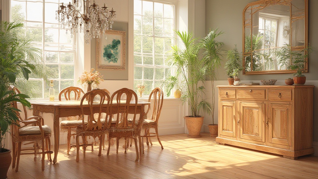 Sunlit dining room with wooden furniture and lush plants