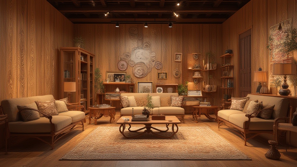 Warm wood-panelled living room with cream sofas