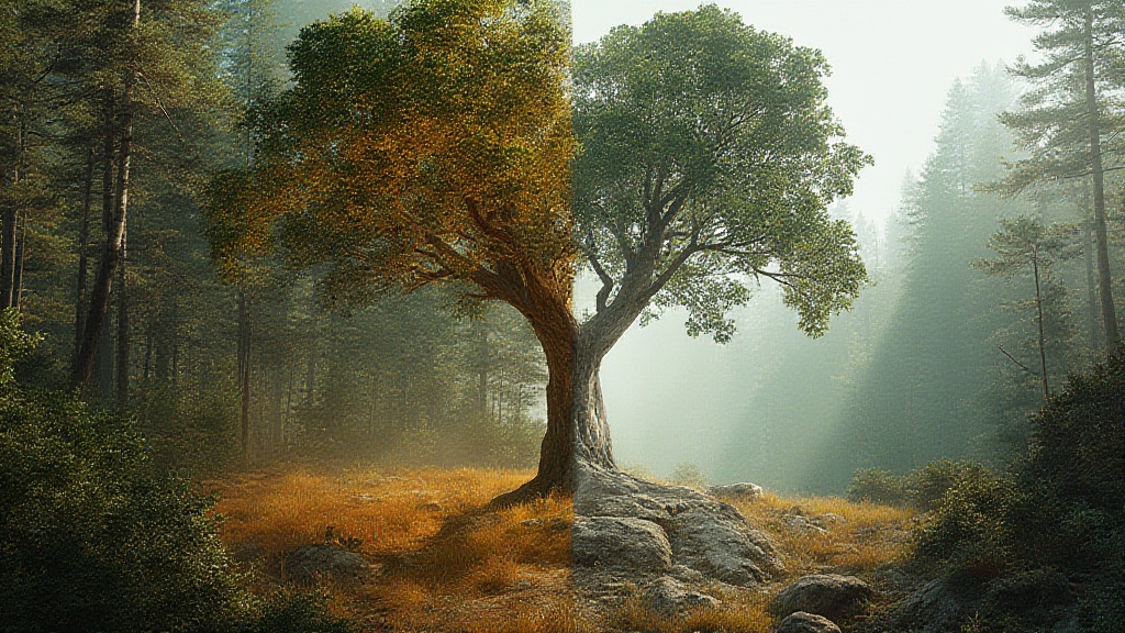 Split-season tree in a misty forest clearing