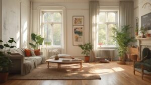 Sunlit living room with plants, sofa and wooden coffee table