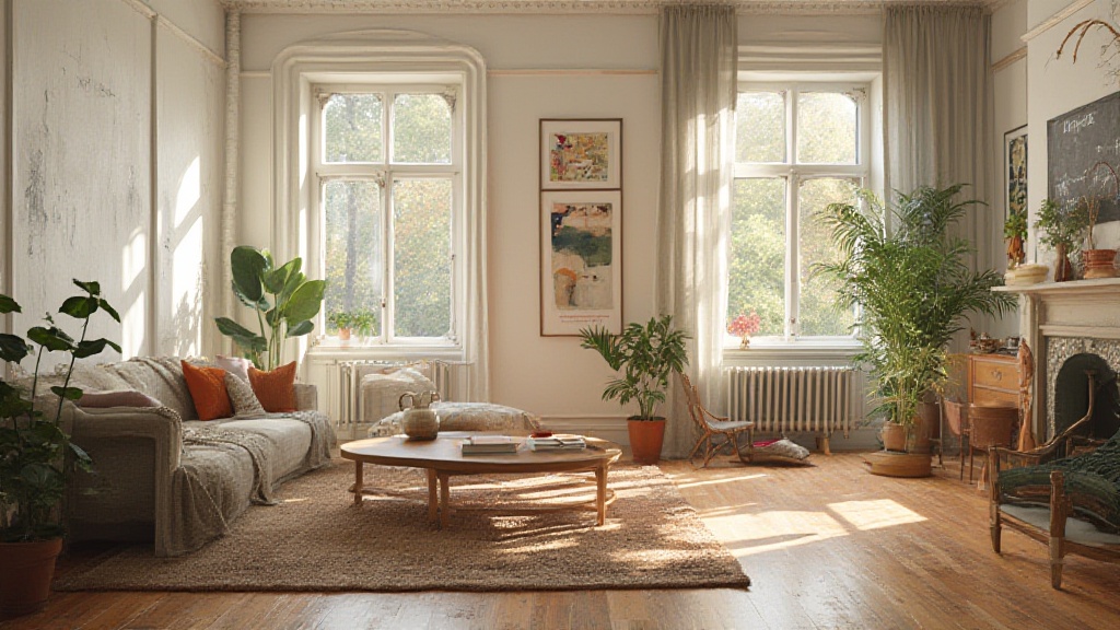 Sunlit living room with plants, sofa and wooden coffee table