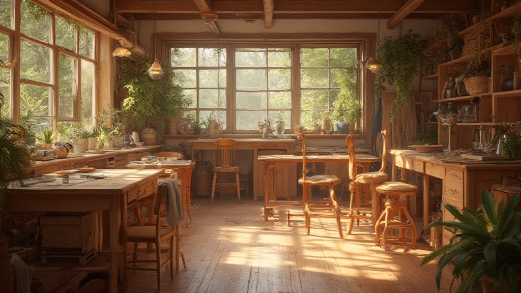 Sunlit rustic studio filled with plants and wooden furniture