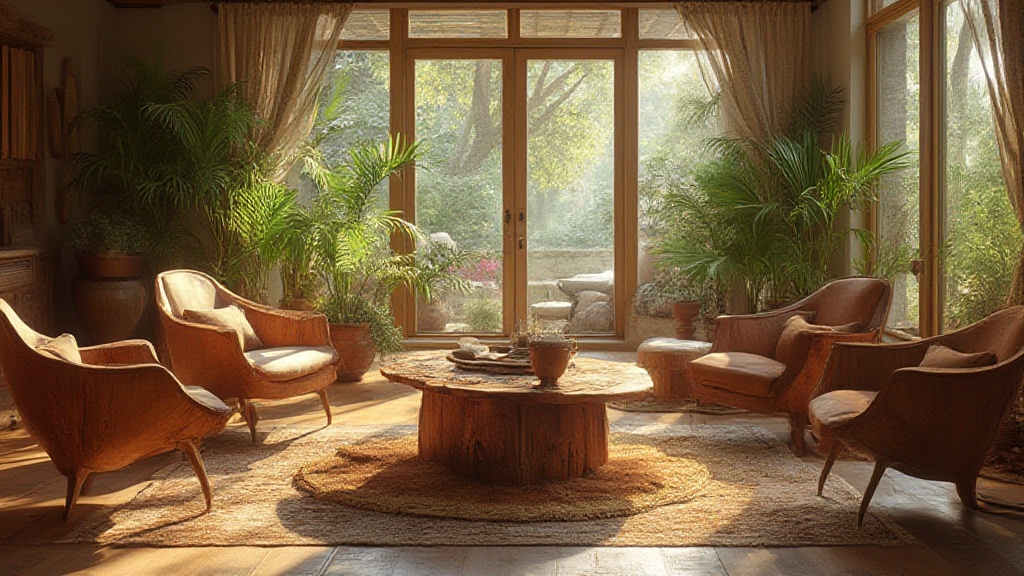 Salon baigné de lumière avec fauteuils, plantes et vue sur le jardin