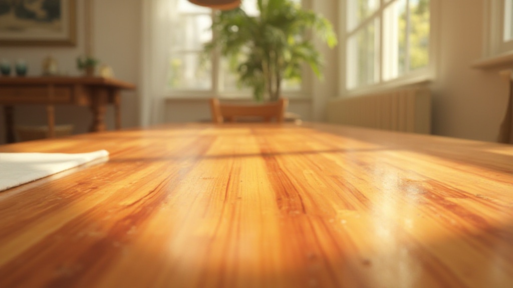 Table à manger en bois baignée de soleil dans une maison lumineuse