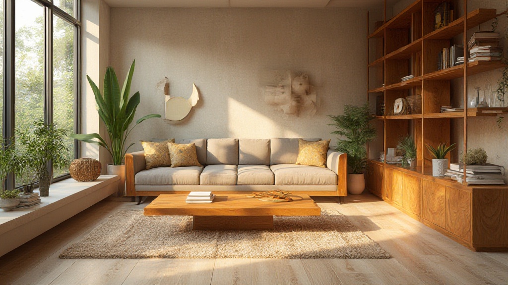 Sunlit modern living room with sofa, plants and wooden shelving
