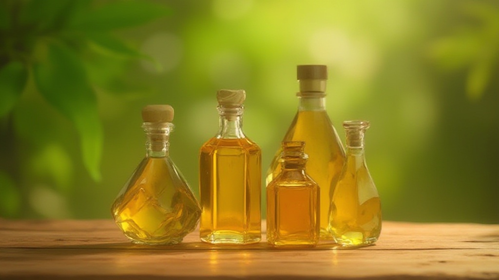 Five glass bottles of golden oil on wooden table