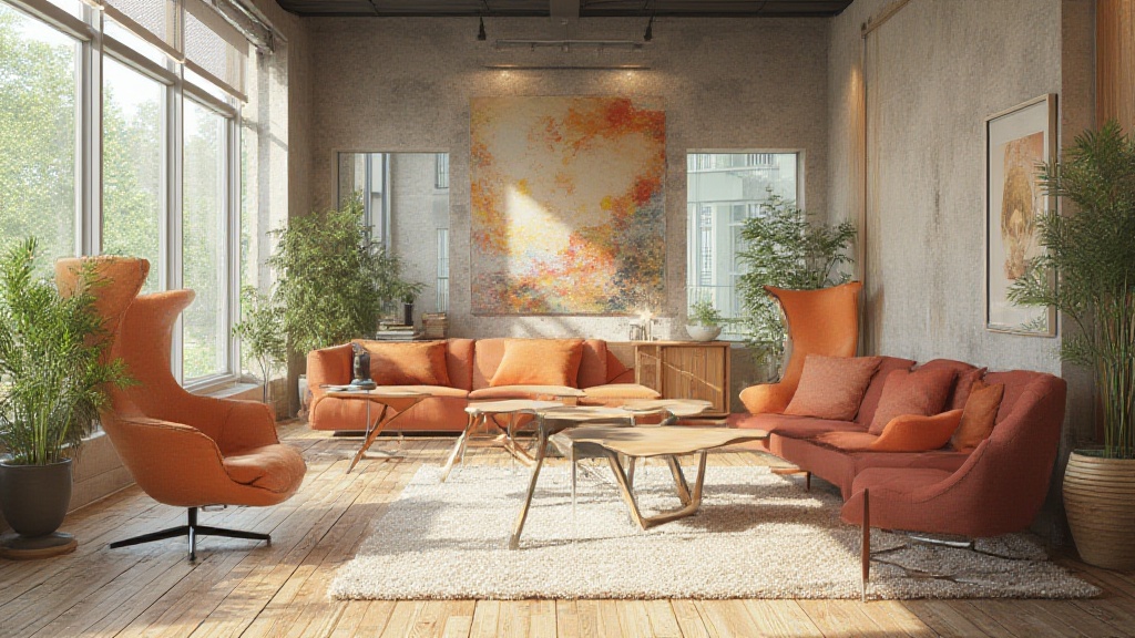 Sunlit living room with orange furniture and indoor plants