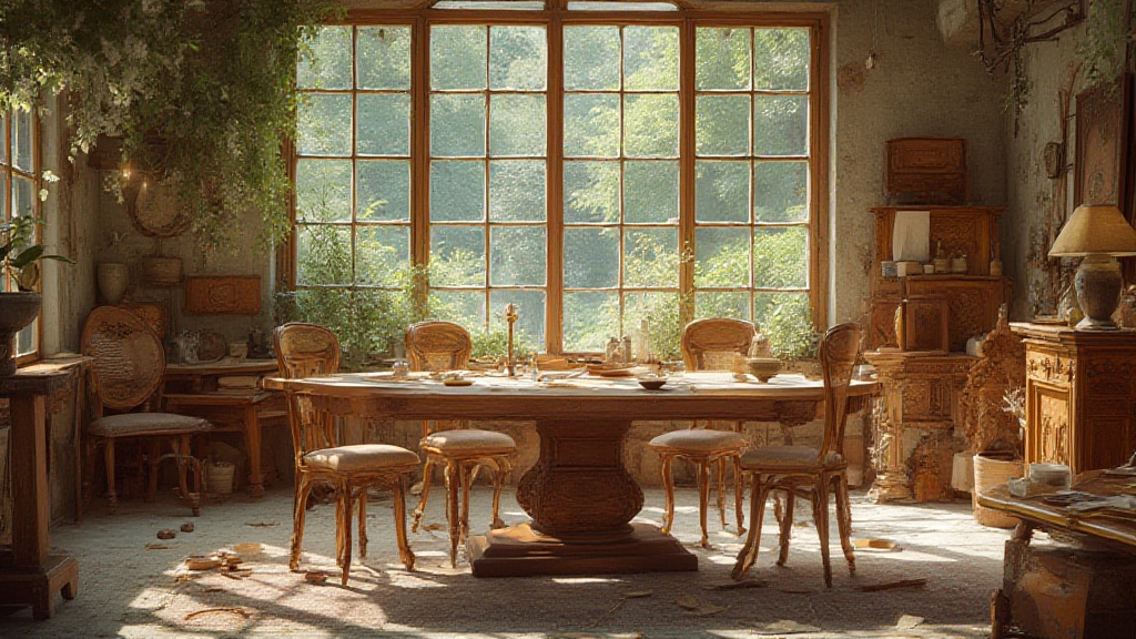 Sunlit rustic dining room with large garden-facing windows