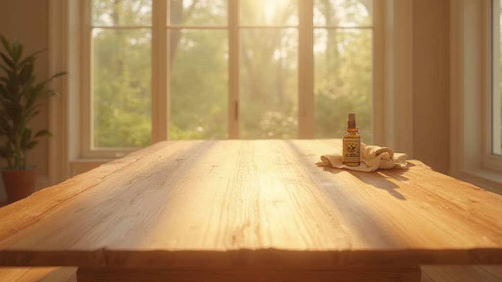 Flacon d'huile essentielle sur une table en bois baignée de soleil