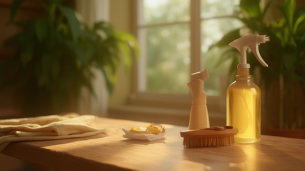 Produits de nettoyage naturels sur une table en bois ensoleillée