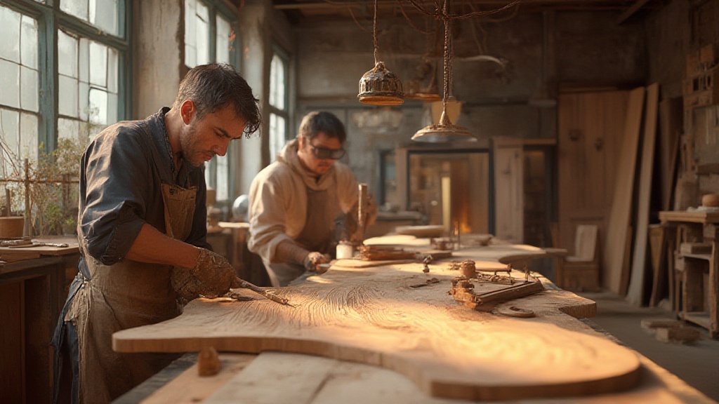 Two woodworkers shaping a large live-edge wooden table