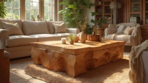 Sunlit living room with rustic wooden coffee table