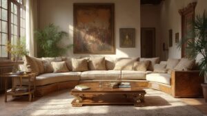 Sunlit elegant living room with curved beige sofa