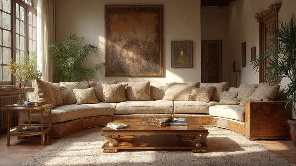 Sunlit elegant living room with curved beige sofa