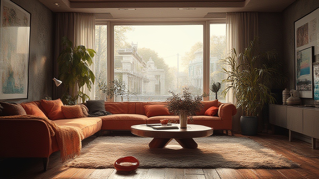 Salon baigné de lumière avec canapé d'angle orange et plantes