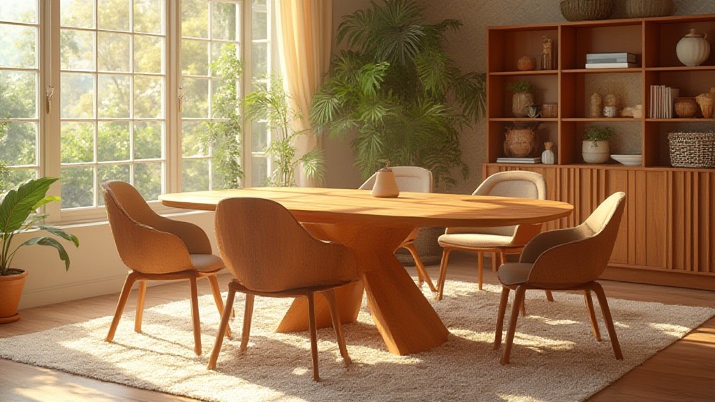 Salle à manger en bois baignée de soleil avec plantes et chaises rembourrées