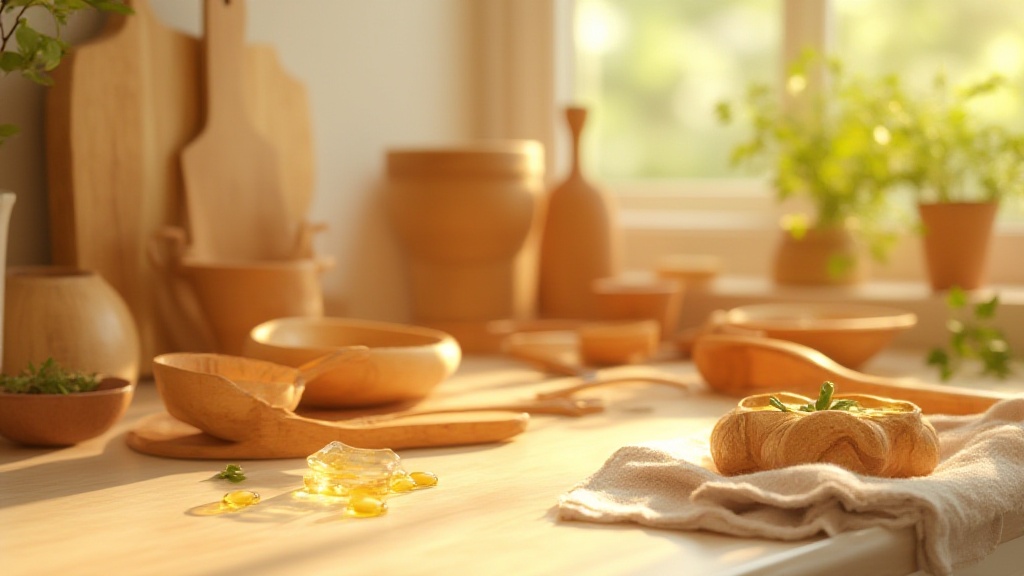 Sunlit kitchen counter with wooden bowls and fresh bread